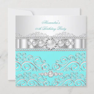 Aquamarin White Silver Lace Pearl Geburtstagsparty Einladung