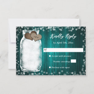Aquamarin Wood Two Hearts Mason Jar Wedding RSVP C