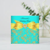 Aquamarin Yellow Rose Damask Geburtstagsparty Einladung (Stehend Vorderseite)