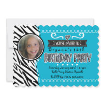 Aquamarin & Zebra Girls Geburtstag Foto Einladunge