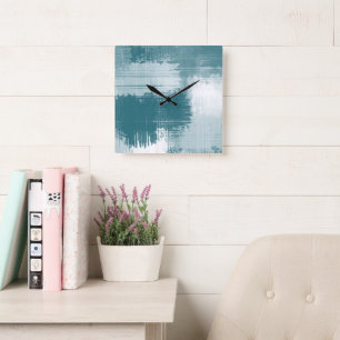 Aquamarine Abstrakte Pinselstriche Quadratische Wanduhr