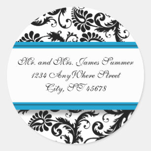 Aquamarine Aqua Blue Black Damask Anschrift Hochze Runder Aufkleber