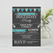 Aquamarine Aqua Blue Chalkboard Geburtstagseinladu Einladung (Stehend Vorderseite)