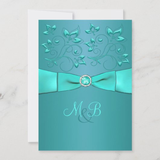 Aquamarine, Aqua Floral II Monogramm Hochzeitseinl Einladung (Vorderseite)