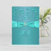 Aquamarine, Aqua Floral II Monogramm Hochzeitseinl Einladung (Stehend Vorderseite)