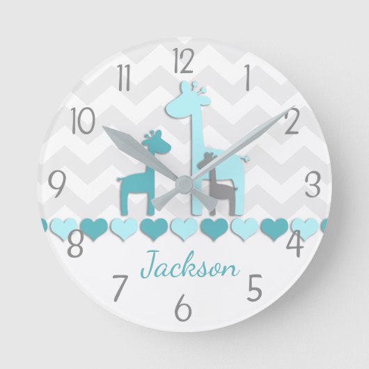 Aquamarine Aqua Gray Giraffe Kinderzimmer Wall Clo Runde Wanduhr (Vorderseite)