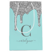 Aquamarine Aqua Silver Sparkle Glitzer Tropfen Mon Mittlere Geschenktüte (Vorderseite)