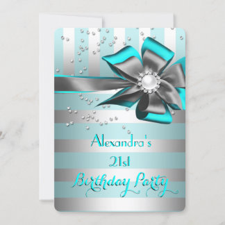 Aquamarine Aqua Silver Stripe Bow Pearl Geburtstag Einladung