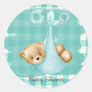 Aquamarine Aqua Teddy Bear Diaper Gingham Baby Dus Runder Aufkleber