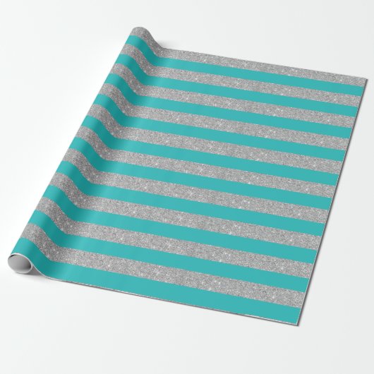 Aquamarine Aqua- und Silberstreifen-Glitzer Streif Geschenkpapier (Ungerollt)
