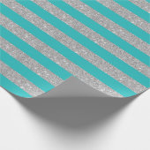 Aquamarine Aqua- und Silberstreifen-Glitzer Streif Geschenkpapier (Ecke)