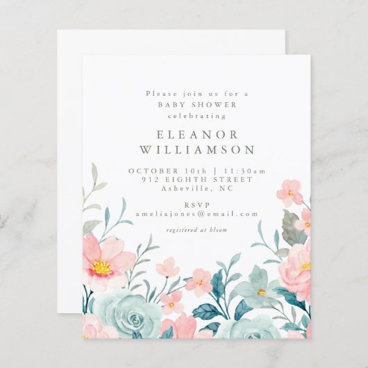Aquamarine Aquarellblütendusche Einladung (Vorne/Hinten)