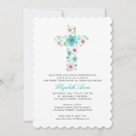 Aquamarine Aquarellfarben Blume Erste Heilige Komm Einladung