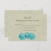 Aquamarine Aquarellfarben-Rose auf Tan Damask Hoch RSVP Karte (Vorne/Hinten)