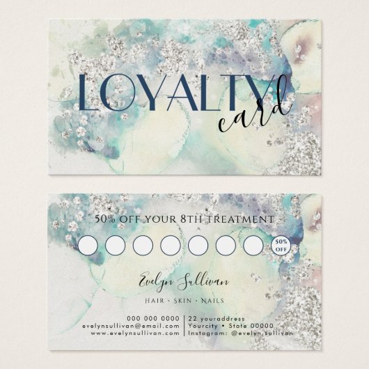 Aquamarine Aquarelltafel Silber Glitzer-Treuekarte (Vorne & Hinten)