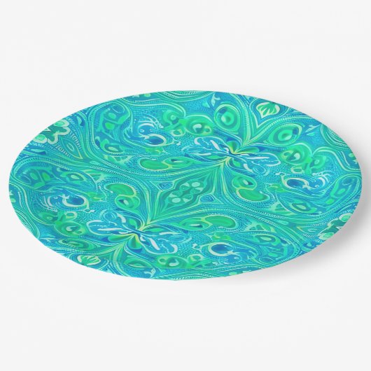 Aquamarine Arabesque Bohemisches Muster Pappteller (Schrägansicht)