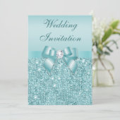 Aquamarine Auflage Diamonds Imitats Bow Hochzeit Einladung (Stehend Vorderseite)