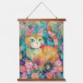 Aquamarine Augen Whimsikkatze Wandteppich Mit Holzrahmen