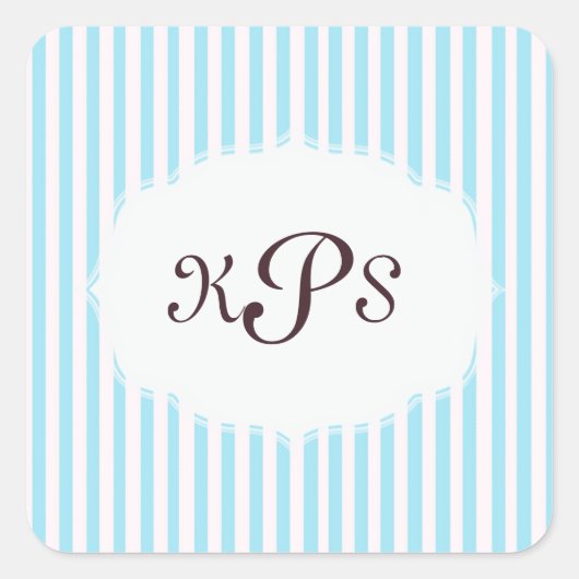 Aquamarine Baby Blue Streifen Monogram Aufkleber (Vorderseite)