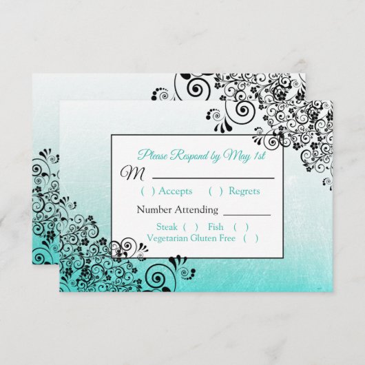 Aquamarine Black Scratch Texture Wedding RSVP Kart (Vorne/Hinten)