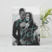 Aquamarine Black & White Trendy Romantic Save The Date (Stehend Vorderseite)
