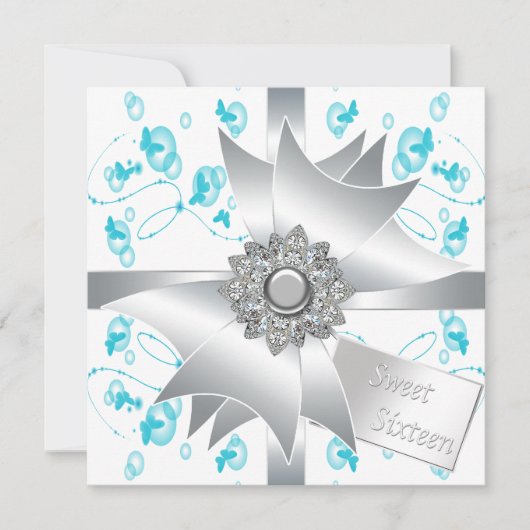 Aquamarine Blasen Schmetterlinge Süß 16 Party Einladung (Vorderseite)