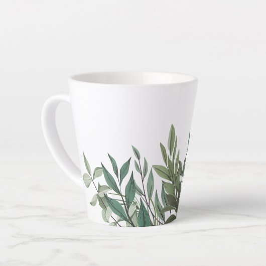 Aquamarine Blätter Zeitgenössische botanische Latt Milchtasse (Linke Ecke)