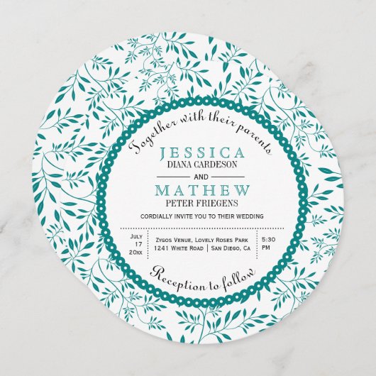 Aquamarine blaue Blätter Muster Moderne Blumenhoch Einladung (Vorne/Hinten)