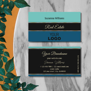 Aquamarine blaue Border auf Black Stylish mit Logo Visitenkarte