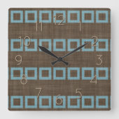 Aquamarine blaue Quadrate Kunstmuster auf dunkelbr Quadratische Wanduhr (Vorderseite)