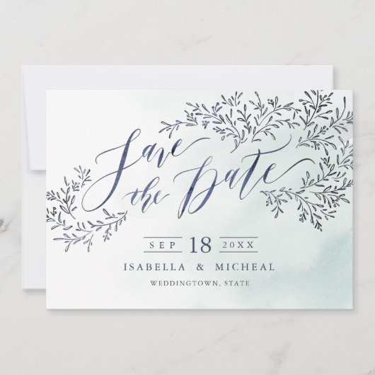 Aquamarine blaue rustikale Blumenkalligraphie Save Save The Date (Vorderseite)