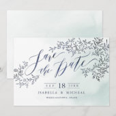 Aquamarine blaue rustikale Blumenkalligraphie Save The Date (Vorne/Hinten)