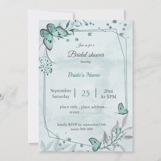 aquamarine blaue Schmetterlinge Blätter Brautparty Einladung (Vorderseite)