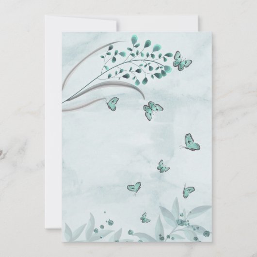aquamarine blaue Schmetterlinge Blätter Brautparty Einladung (Rückseite)