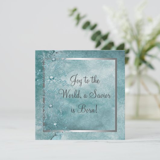 Aquamarine Blaue Schneeflocken Christliches Party Einladung (Stehend Vorderseite)