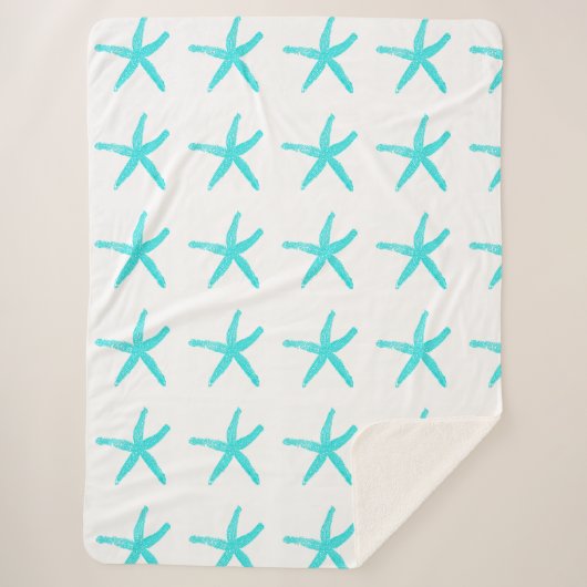 Aquamarine Blaue Starfish Muster Weiße Trendy Weih Sherpadecke (Vorderseite)