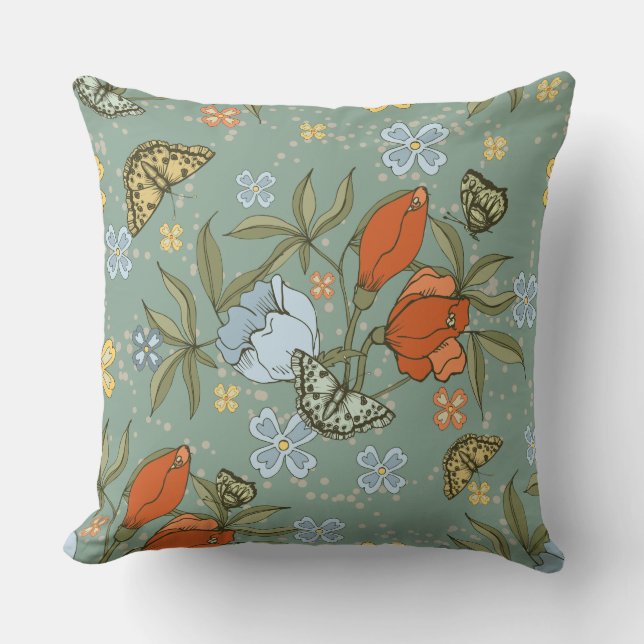 Aquamarine Blaue Tulips Gelbe Schmetterlinge Kissen (Vorderseite)