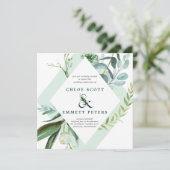 Aquamarine blaue und grüne Botanische Hochzeit Einladung (Stehend Vorderseite)