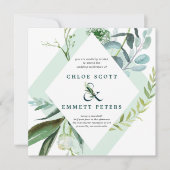 Aquamarine blaue und grüne Botanische Hochzeit Einladung (Vorderseite)