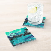 Aquamarine, blaue und schwarze Flüssig-Wirbel Glasuntersetzer (Schrägansicht)