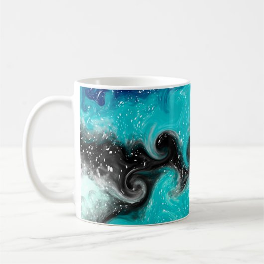 Aquamarine, blaue und schwarze Flüssig-Wirbel Kaffeetasse (Links)