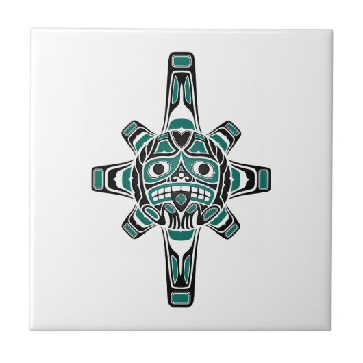 Aquamarine blaue und schwarze Haidasun-Maske auf Fliese (Vorderseite)