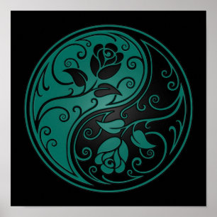 Aquamarine blaue und schwarze Yin Yang Rosen Poster