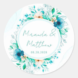 Aquamarine blaue Wasserfarbengeometrische Hochzeit Runder Aufkleber