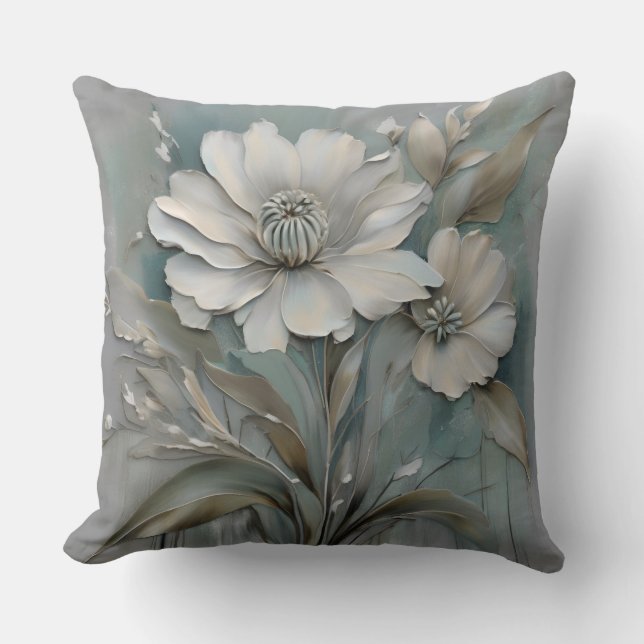 Aquamarine blaugraue Beige Weiße Blume Kissen (Vorderseite)
