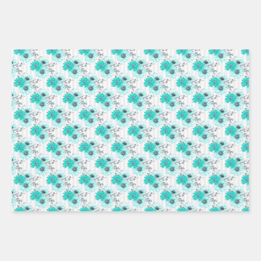 Aquamarine blaugraue weiße Blume - Set von 3 Geschenkpapier Set (Vorderseite 3)