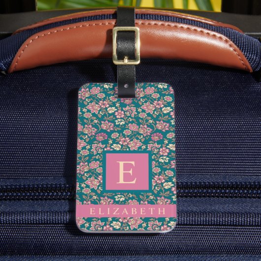 Aquamarine blaugrüne Blumenrosa-Blume Gepäckanhänger (Vorderseite Insitu 2)