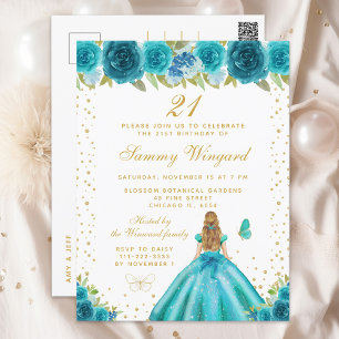 Aquamarine Blonde-Haar-Prinzessin Geburtstagsparty Postkarte