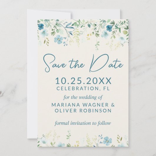 Aquamarine Blue Beige Wildblumen Save the Date Car Einladung (Vorderseite)