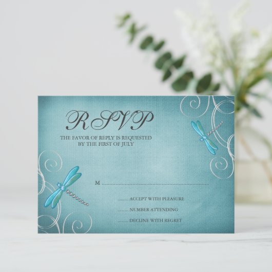 Aquamarine Blue Dragonfly-Wirbel Hochzeitskarte RSVP Karte (Stehend Vorderseite)